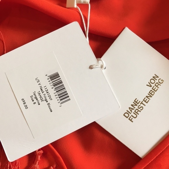 DIANE VON FURSTENBERG Tangerine V-Neck Fringe Blouse Size 8 - Picture 8 of 9